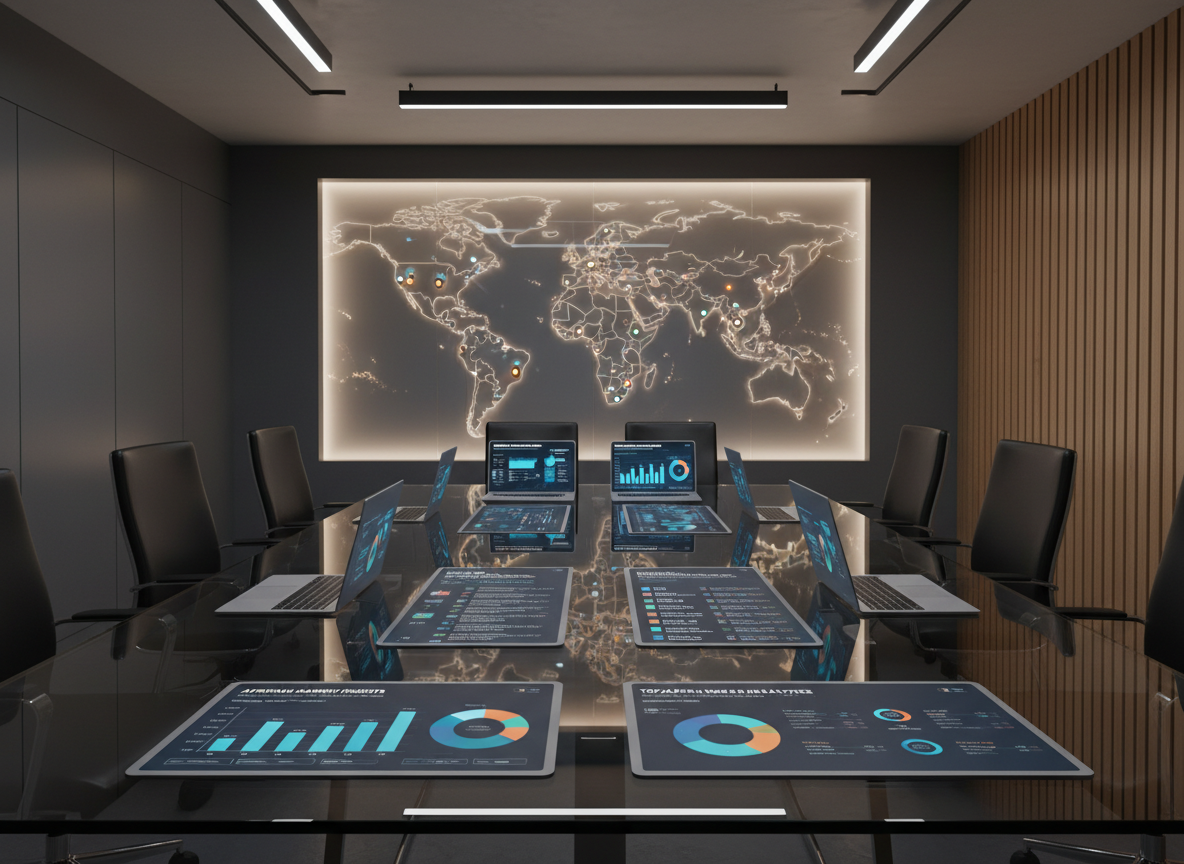 A sleek glass conference table covered with an organized spread of high-end tablets, slim laptops, and large digital dashboards displaying colorful analytics of influencer campaigns across African and global markets. On the wall behind, a massive world map glows softly, with Africa subtly highlighted and dotted with illuminated campaign locations. The scene is set in a minimalist, ultra-modern office with matte charcoal walls and warm wood accents. Soft studio-style lighting creates crisp reflections on the glass and screens, with gentle shadows for depth. Photographic realism, shot from a slightly elevated angle with sharp focus throughout, conveys a professional, strategic atmosphere ideal for a top-tier influence marketing agency homepage hero image.